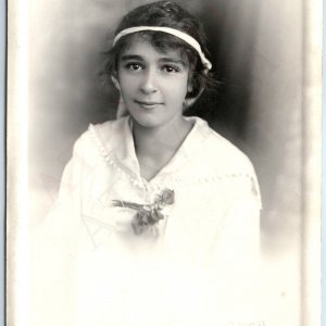 c1910s Cedar Rapids, IA Cute Little Girl RPPC Dark Eyes Young Lady Headband A192