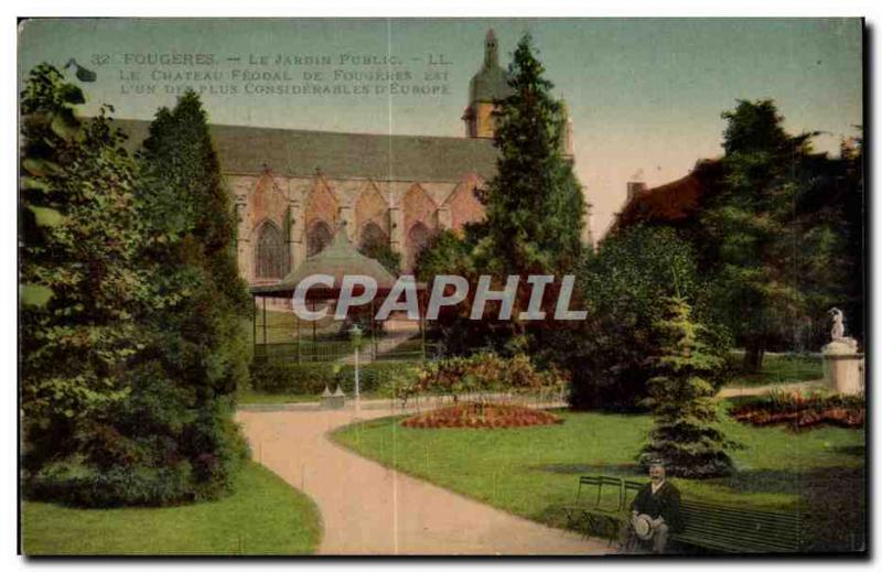 Old Postcard The public garden Fougeres The feudal castle