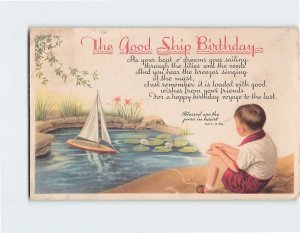 Postcard Birthday Greeting Card with Quote and Boy Boat Pond Art Print