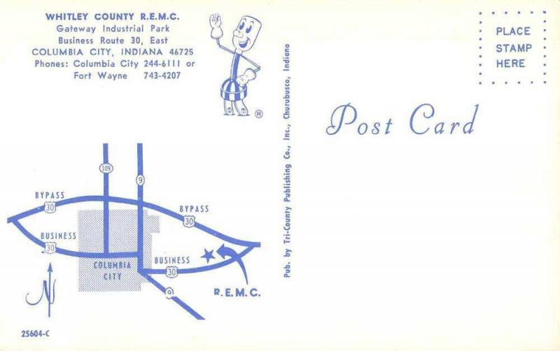 Columbia City Indiana birds eye view Whitley Co R.E.M.C. vintage pc Z25588