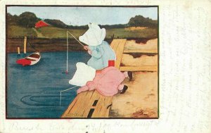 Artist 1907 Sun Bonnett Girls Fishing Comic Humor Postcard Austen 20-5902