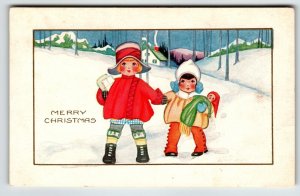 Christmas Postcard Children Girls Outside Whitney Snow Cottage Home Toy Doll