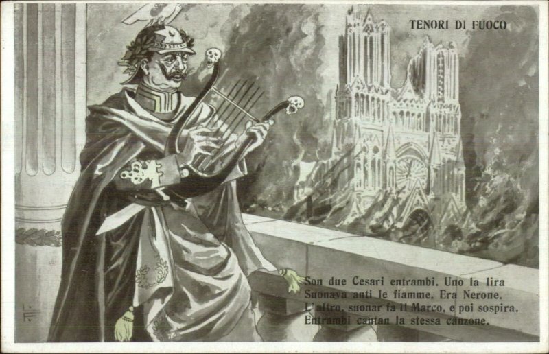 Propaganda Kaiser Wilhelm Plays Harp as Reims Cathedral Burns c1910 Postcard