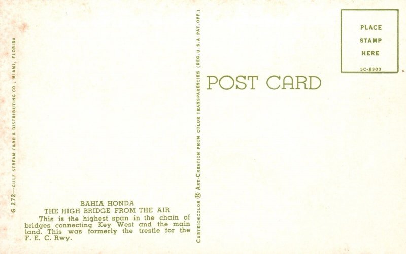 Vintage Postcard Bahia Honda High Span Bridge From The Air Key West Florida FL