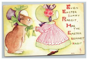 Vintage 1920's Easter Postcard Cute Bunnies Wearing Bonnets Nice Bows