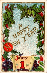Happy New Year Postcard January Calendar Snow Holly Flowers