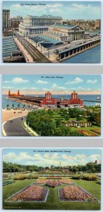 3 Postcards CHICAGO, IL~ Birdseye UNION STATION, Navy Pier & Garfield Park 1940s