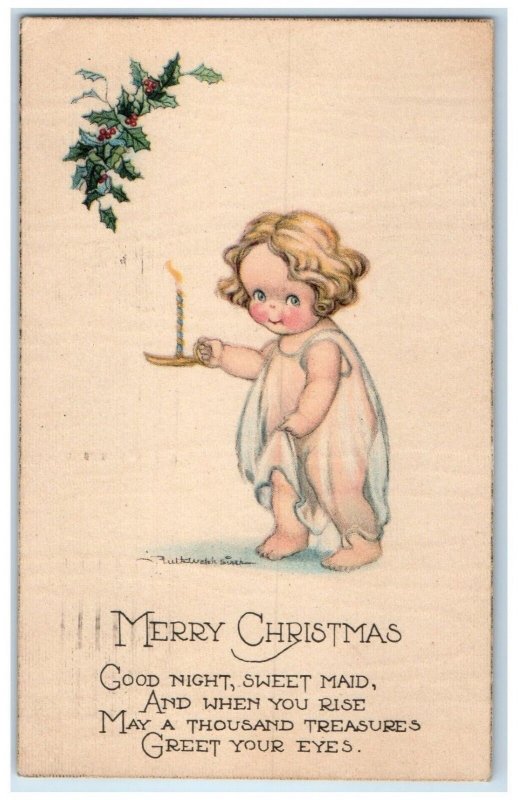 1920 Christmas Little Girl Candle Berries Art Welch Art Long Beach CA Postcard