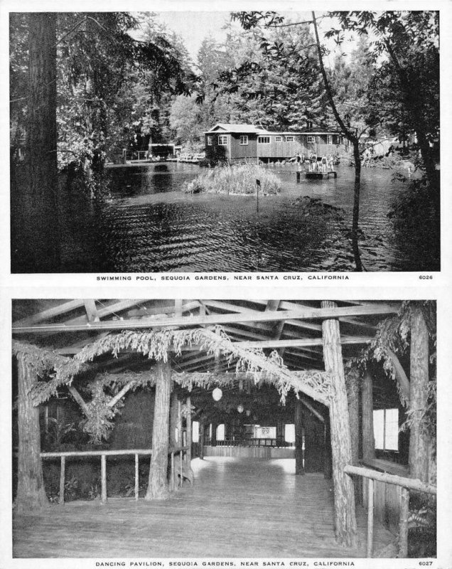 SANTA CRUZ, CA  California SEQUOIA GARDENS Pool & Dance Hall TWO B&W Postcards