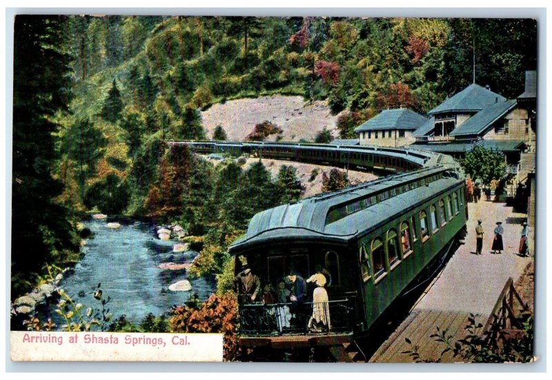 c1920 Arriving At Station Depot Passenger Train River Shasta Springs CA Postcard 