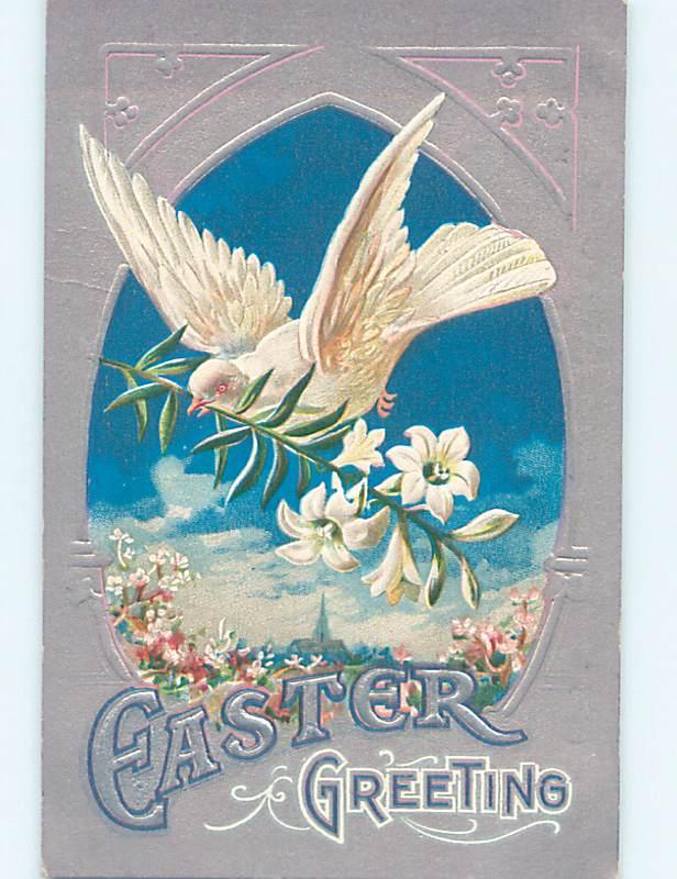 Unused Div-Back LARGE WHITE DOVE BIRD WITH EASTER LILY FLOWER IN BEAK o6686