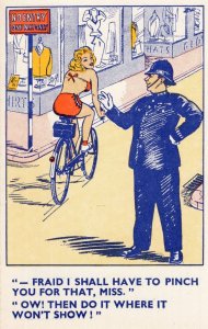 Policeman Pinching Sexy Bicycle Lady Cyclist No Entry Old Comic Postcard