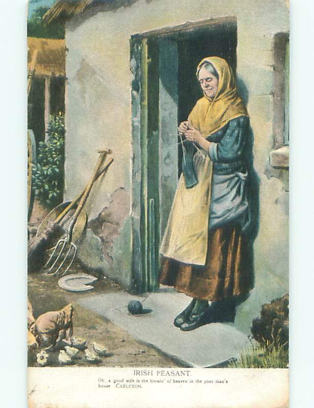 Pre-Linen IRISH PEASANT - POOR WOMAN DOES KNITTING AT THE DOORWAY J4053