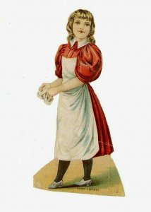 1880s Doll Lion Paper Coffee Cut Die Trade Card Victorian The Laundry Girl Dress 