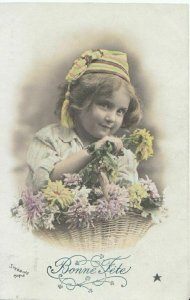 Children Postcard - Child With Basket of Flowers - Ref 2518A