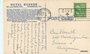 1940's Hotel Rueger RICHMOND VIRGINIA Linen TEICH postcard 12501