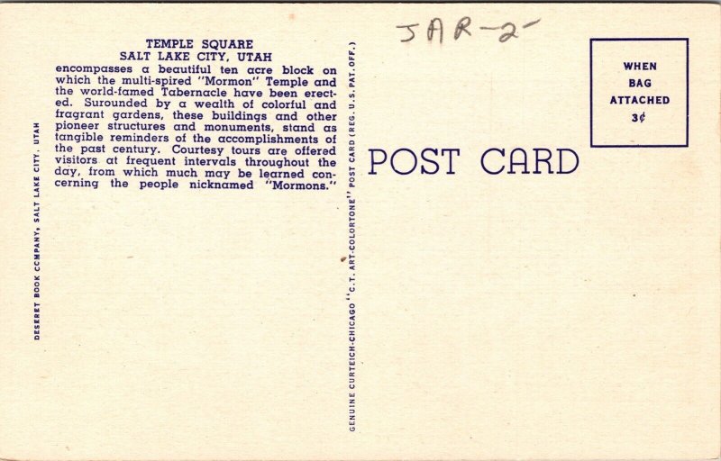 Temple Square Salt Lake City Utah UT Linen Postcard VTG UNP Curteich Vintage 