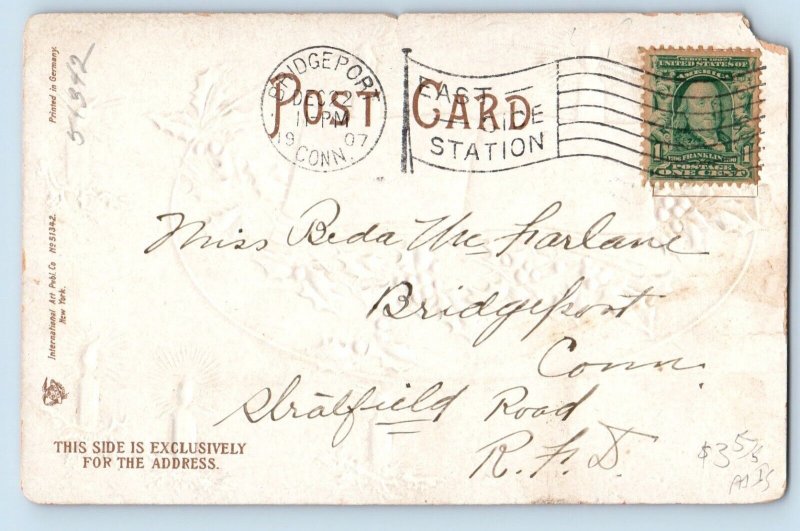 Ellen Clapsaddle Signed Postcard Christmas Holly Berries Candles Bridgeport CT