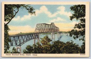 Chester Illinois~Municipal Bridge~Mississippi River~Clouds~Linen 1940s Postcard