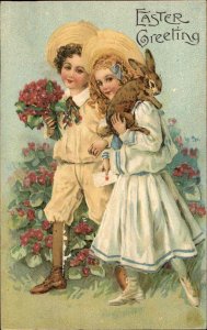 Easter Romance Little Girl and Boy with Bunny c1910 Vintage Postcard