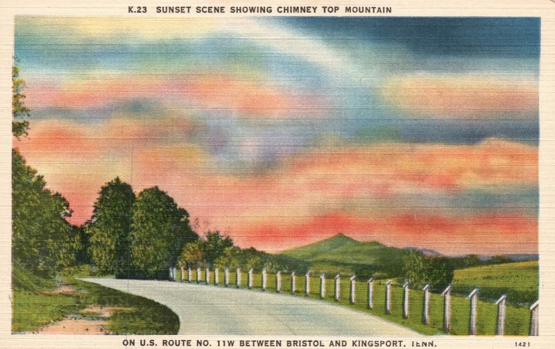 Vintage Postcard Sunset At Chimney Top Mountain Bristol & Kingsport Tennessee TN