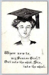 Where Now To My Senior Girl? Graduation, Antique Art Postcard, Signed E.SBT