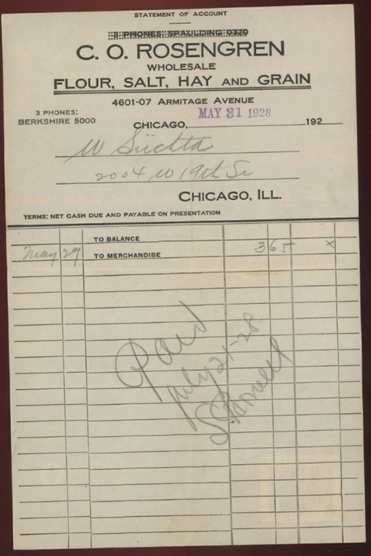 1928 CHICAGO ILL C.O. ROSENGREN FLOUR SALT HAY GRAIN WHOLESALE STATEMENT 31-11