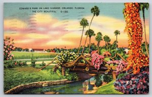 Orlando FL~Lake Ivanhoe~Edwards Park~Bridge~Flowers~Reflection~Linen 1939 PC