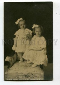 3103694 Two Girls w/ White TEDDY BEAR Toy Vintage REAL PHOTO