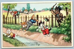 CATS RUNNING FROM THE GUARD VINTAGE POSTCARD w/ NETHERLAND'S STAMP