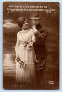 WWI RPPC Photo US Army Soldier Couple Romance With Flowers c1910's Antique