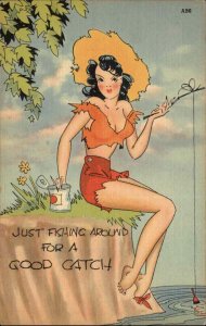 Sexy Farm Girl Fishing Pinup Linen American Beauty Series AB6 Vintage  Postcard