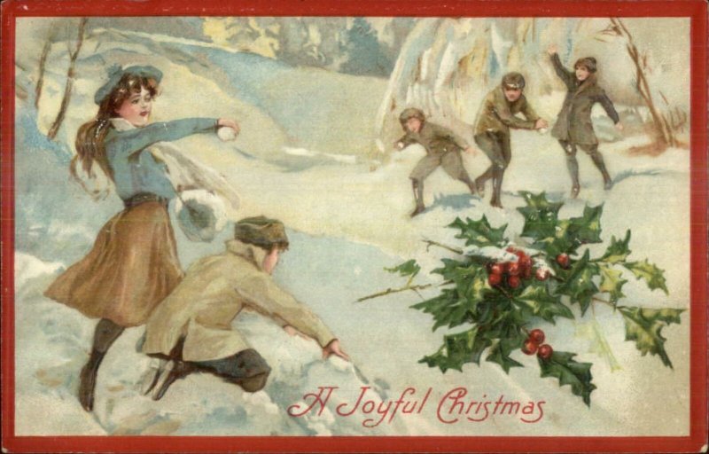 Christmas - Kids Having Snowball Fight c1910 Winsch Postcard