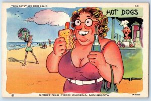 Wadena Minnesota MN Postcard Greetings Ugly Fat Woman With Hot Dog And Soda