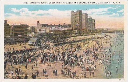 New Jersey Atlantic City Bathing Beach Showing Saint Charles And Breakers Hotel