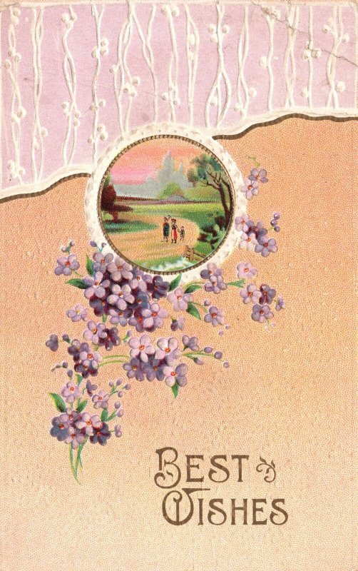 Vintage Postcard 1912 Best Wishes Greetings Card Countryside Children Flowers