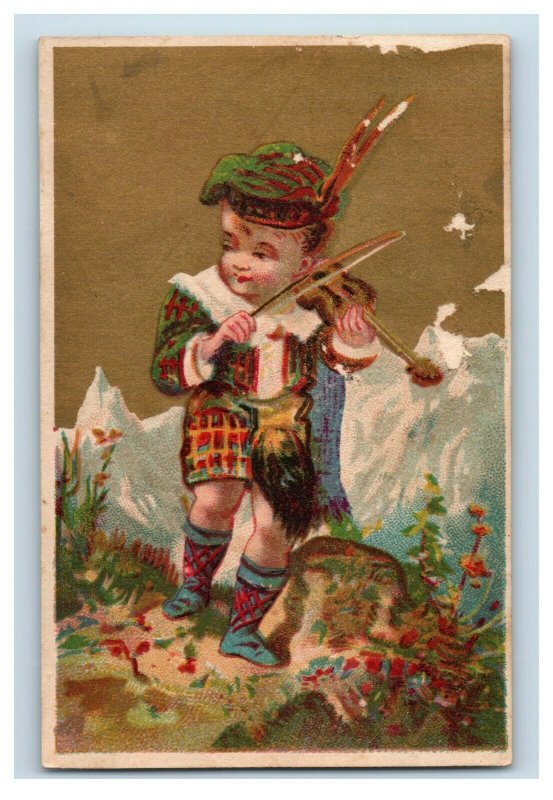 Victorian Trade Card of Scottish Boy in Kilt Playing Violin Mountains P49
