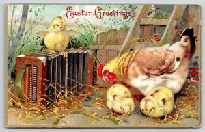 Easter~Hen & Chicks in Barnyard~Find Accordion~Coop Ladder~Embossed 1911 Germany 