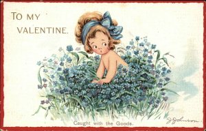 Valentine's Day A/S J Johnson Naked Little Girl in Flowers c1910 Postcard