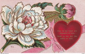 VALENTINE'S DAY, 1900-10s; White Flower, Pink Rose Bud, Pink Bow & Red Heart,...