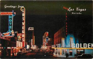Postcard Nevada Las Vegas Fremont Street at Night 1950s Neon Western 23-3296