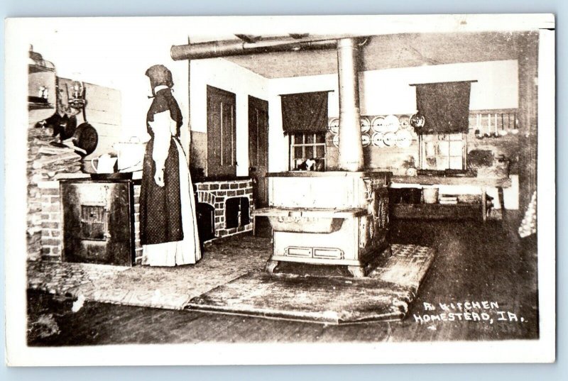 Homestead Iowa IA Postcard RPPC Photo A Kitchen Woman Cooking Unposted Vintage