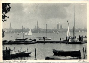 CONTINENTAL SIZE POSTCARD ON THE PIER - SAILING BOATS HAMBURG GERMANY 1920s