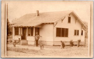 Man Handpocket Outside House Photography Real Photo RPPC Postcard