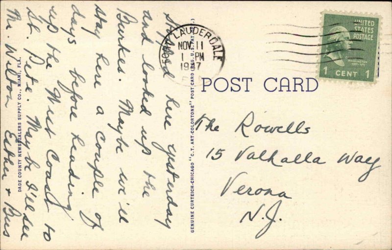 Fort Lauderdale Florida FL Street Scene 1930s-50s Linen Postcard