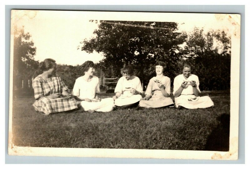 Vintage 1920's RPPC Postcard - Women Eating Fruit Sitting in the Grass