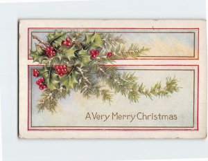 Postcard A Very Merry Christmas with Hollies Embossed Art Print