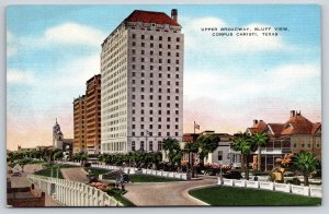 Corpus Christi Texas~Upper Broadway Bluff View~Skyline~Flag~Hotel~Linen Postcard