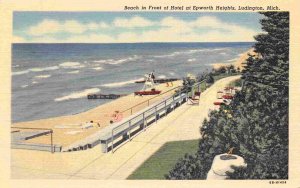 Beach in front of Hotel Epworth Heights Ludington Michigan linen postcard
