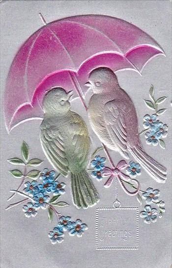 Hearty Greetings Birds Sitting Under Umbrella Embossed